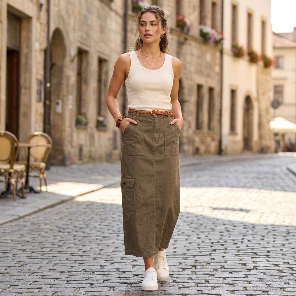 Kirious Los Angeles Denim Cargo Maxi Skirt 100% Cotton Brown Size Small